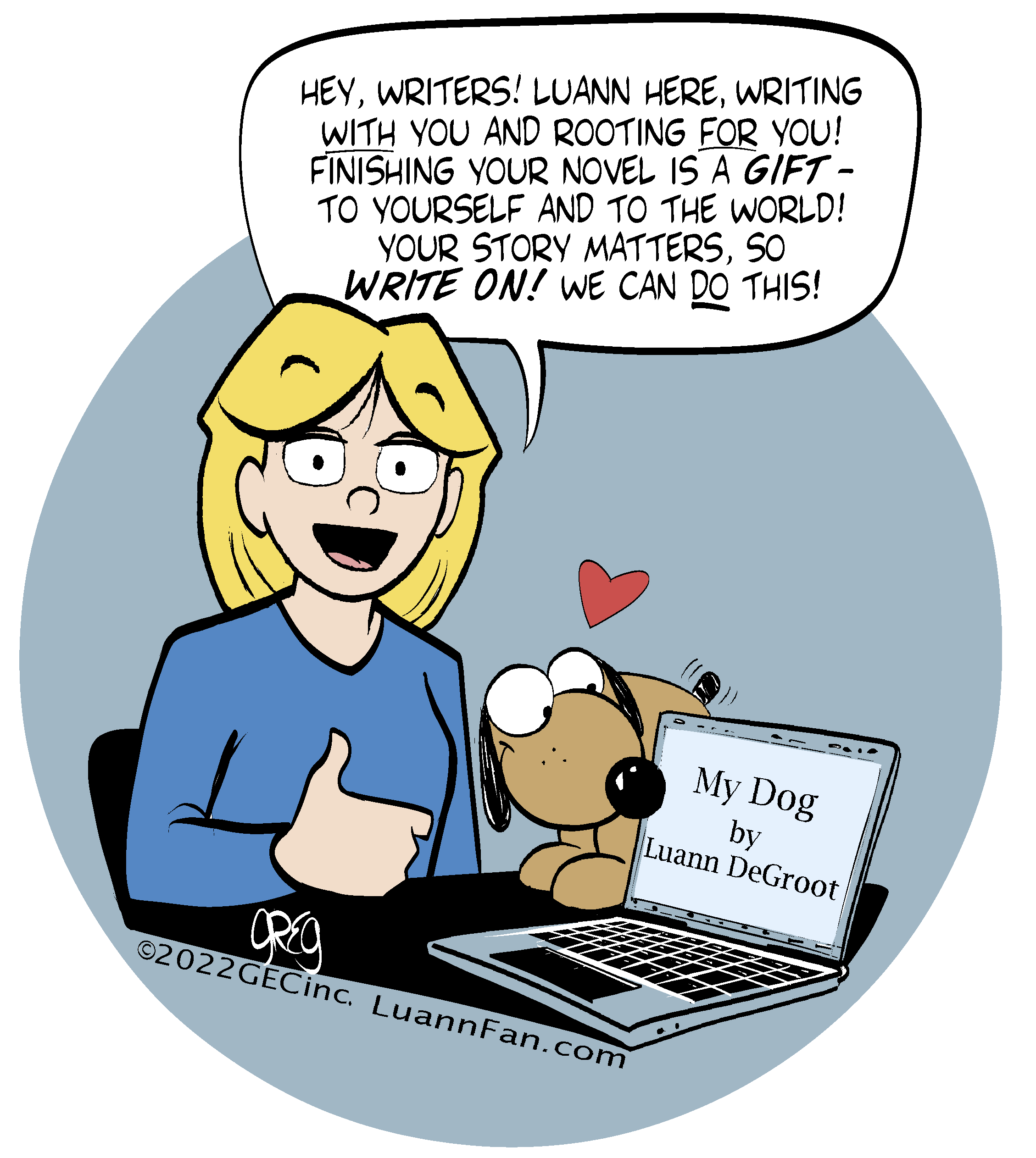 Comic strip character LUANN and her dog Puddles at a computer encouraging writers who are participating in NaNoWriMo
