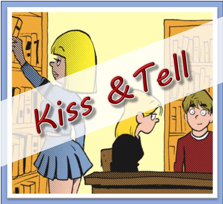 Logo for Kiss and Tell LUANN comic strip collection with Tiffany, Luann, and Aaron Hill.