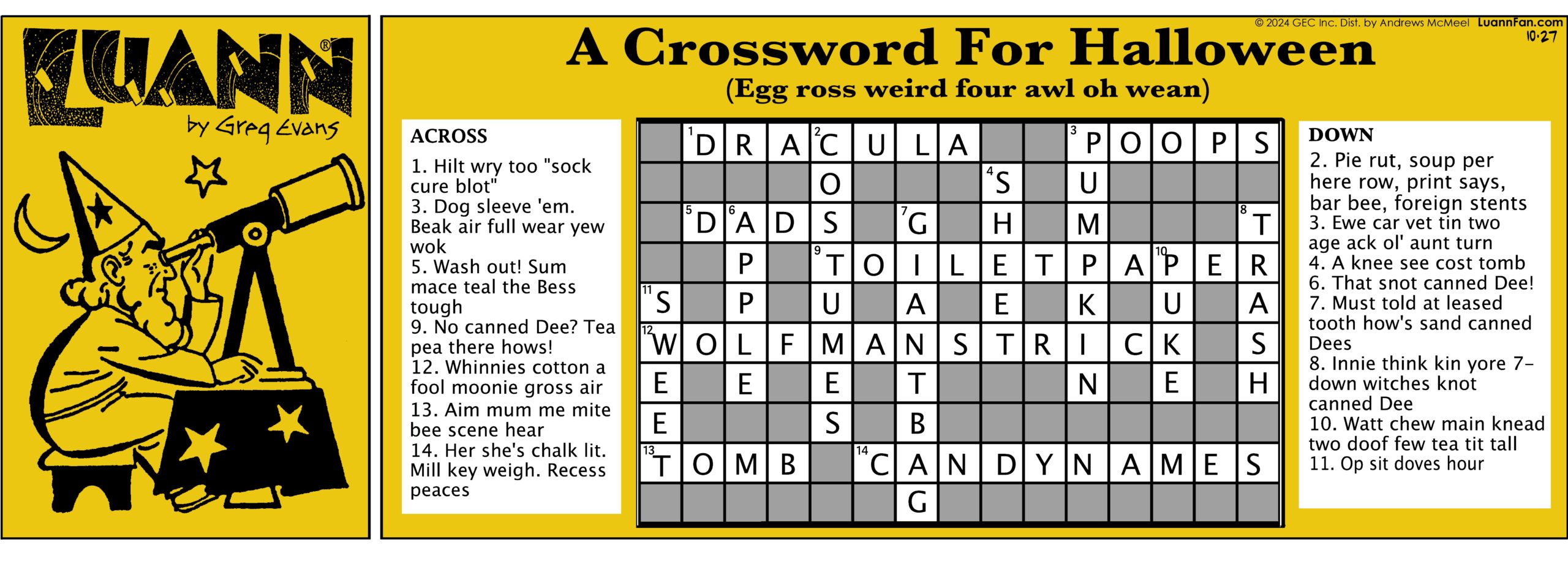 Crossword puzzle answers for LUANN comic 10.27.2024