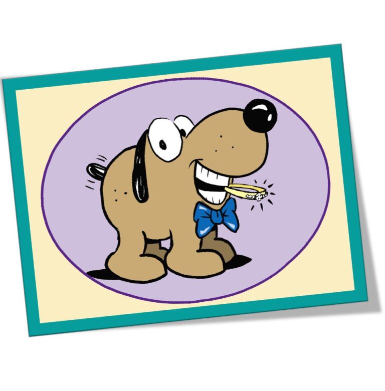 LUANN comic character Puddles the dog holding a wedding ring in his teeth.