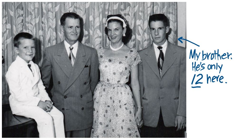 Evans family in Burbank with young Greg, his parents, and brother Mike who is age 12