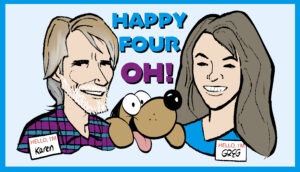 banner for 40th anniversary with Greg, Karen, and LUANN comic strip character Puddles